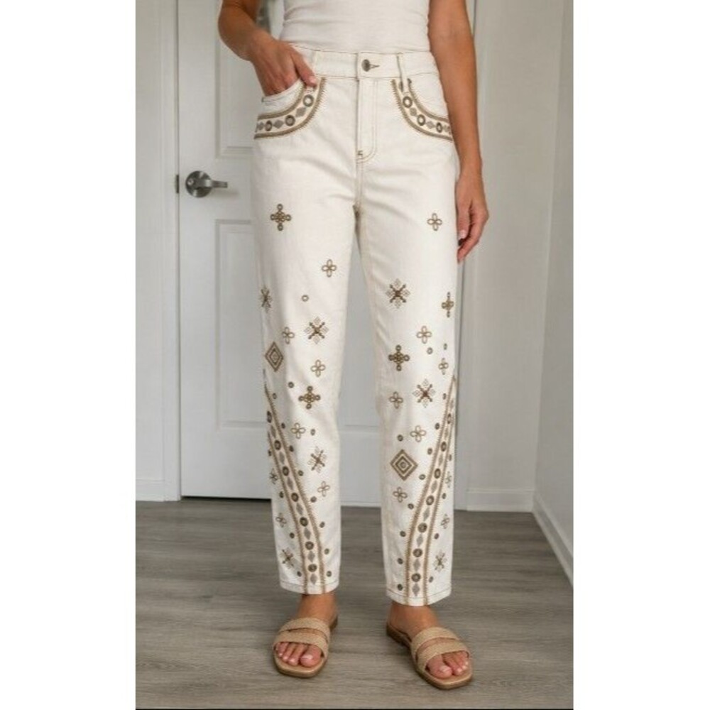 Chico's So Slimming Girlfriend Slim Leg Jeans Sea Salt Embellished Size 10R